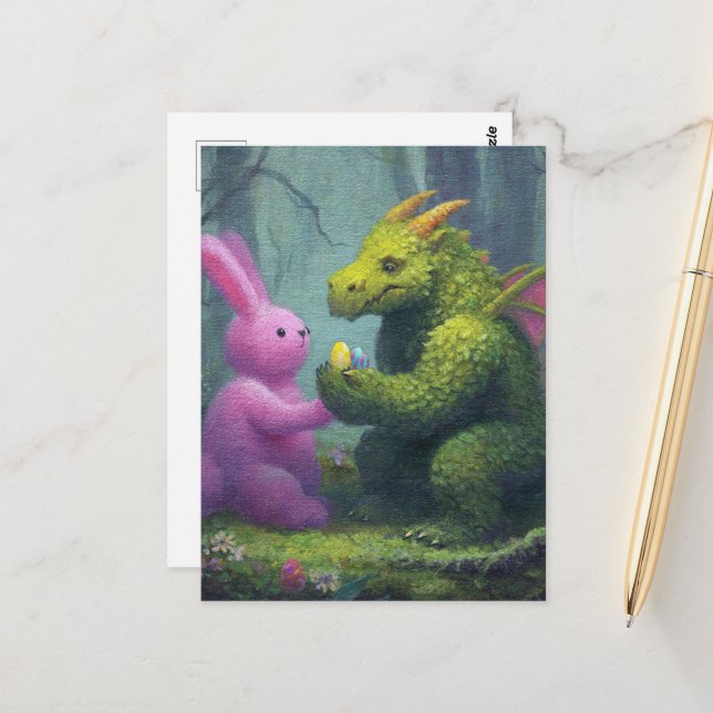 Cute Green Dragon and Easter Bunny Watercolor Postcard (Front/Back In Situ)