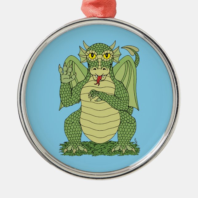Cute Green Dragon Metal Ornament (Front)