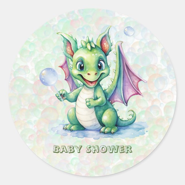 Cute Green Dragon with Bubbles Boy Baby Shower Classic Round Sticker (Front)