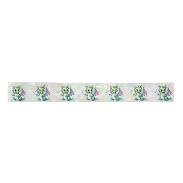 Cute Green Dragon with Bubbles Boy Baby Shower Satin Ribbon (Front)