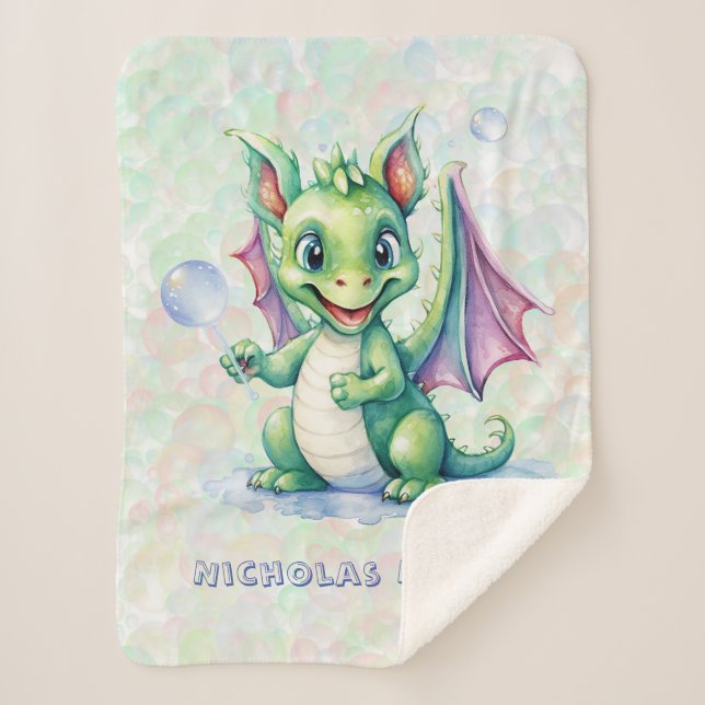 Cute Green Dragon with Bubbles Boy Custom Gift Sherpa Blanket (Front)