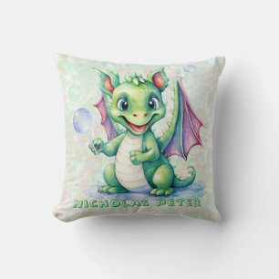 Cute Green Dragon with Bubbles Boy Custom Gift Throw Pillow