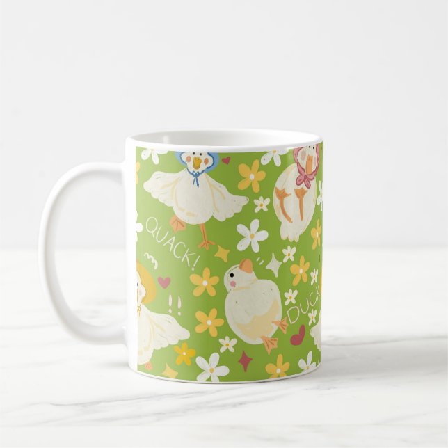 Cute Green Duck & Daisy Flower Seamless Pattern Coffee Mug (Left)