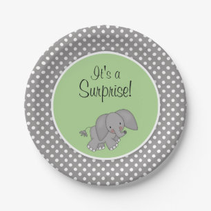 Cute Green Elephant Gender Neutral Baby Shower Paper Plate