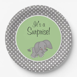 Cute Green Elephant Gender Neutral Baby Shower Paper Plate