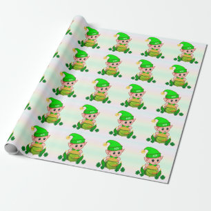 Cute green elf & a pot of gold on pastel colours wrapping paper