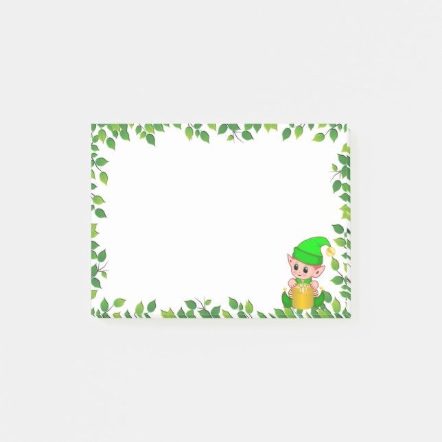 Cute Green Elf & Green Leaf Frame Post-it Notes (Front)
