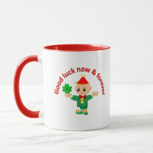 Cute green elf holding a shamrock mug