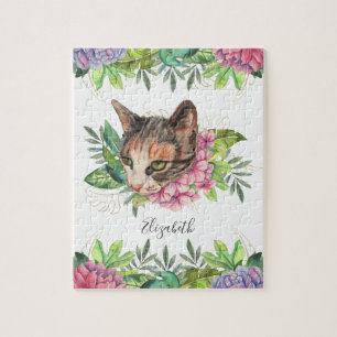 Cute Green-Eyed Floral Cat Name Jigsaw Puzzle