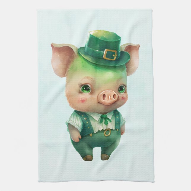 Cute Green Fairytale Pig in Fancy Attire Kitchen Towel (Vertical)