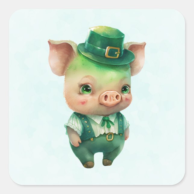 Cute Green Fairytale Pig in Fancy Attire  Square Sticker (Front)