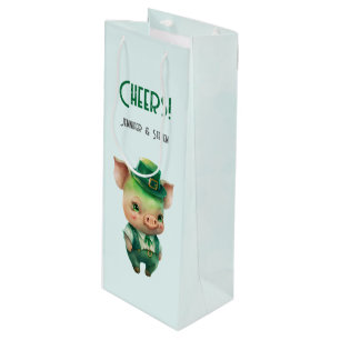 Cute Green Fairytale Pig in Fancy Attire Wine Gift Bag