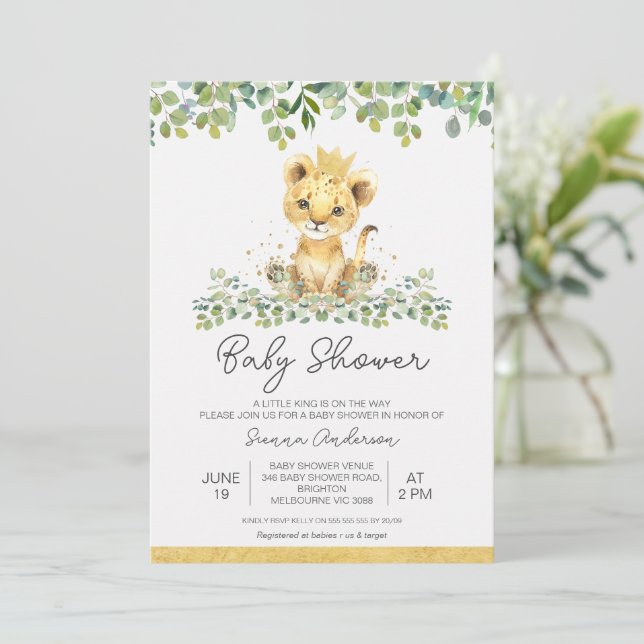 Cute Green Foliage Boys Lion Baby Shower Invitation (Standing Front)