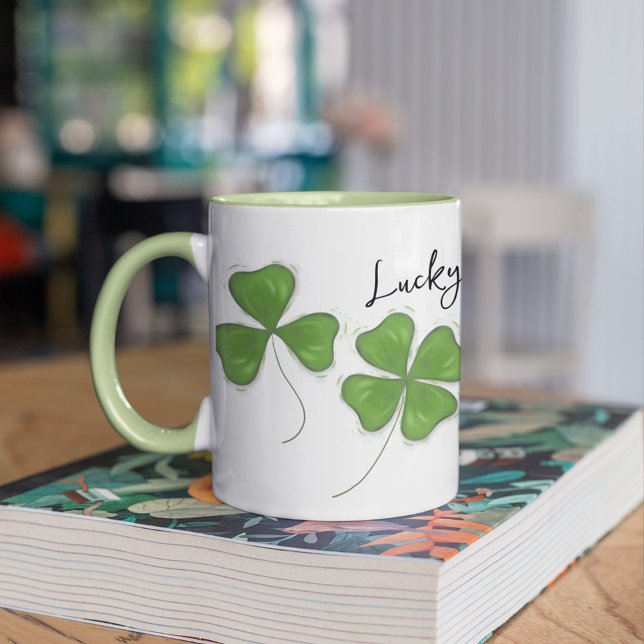 Cute Green Four Leaf Clover Personalized Mug (Four leaf clover two toned custom mug)