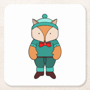 Cute green fox square paper coaster