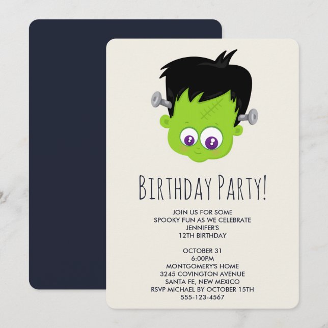 Cute Green Frankenstein Monster Face Birthday Invitation (Front/Back)