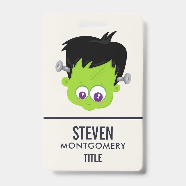 Cute Green Frankenstein Monster face Halloween Badge (Front)