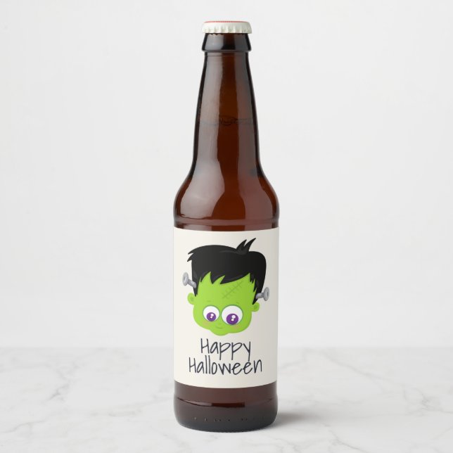 Cute Green Frankenstein Monster face Halloween Beer Bottle Label (Front)