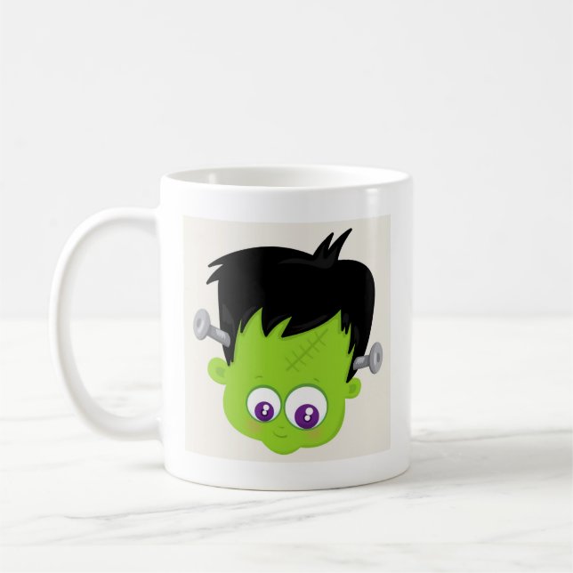 Cute Green Frankenstein Monster face Halloween Coffee Mug (Left)