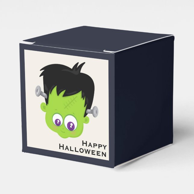 Cute Green Frankenstein Monster face Halloween Favor Box (Front Side)