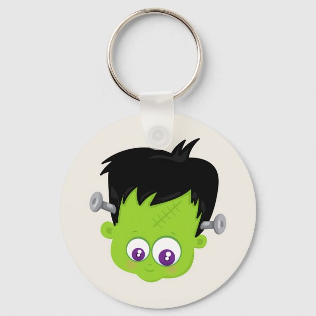 Cute Green Frankenstein Monster face Halloween Keychain (Front)