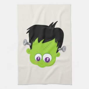 Cute Green Frankenstein Monster face Halloween Kitchen Towel