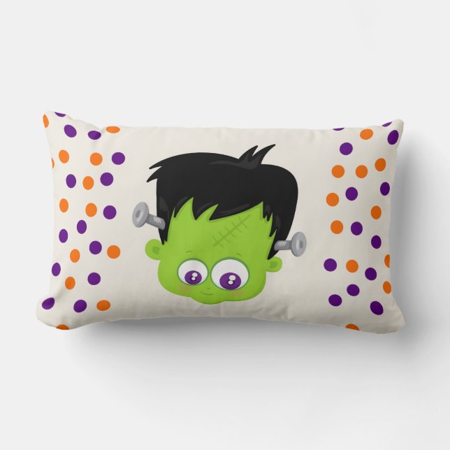 Cute Green Frankenstein Monster face Halloween Lumbar Pillow (Front)