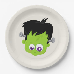 Cute Green Frankenstein Monster face Halloween Paper Plate