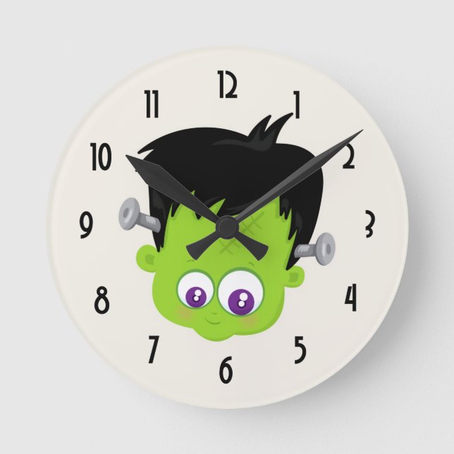 Cute Green Frankenstein Monster face Halloween Round Clock (Front)