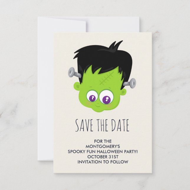 Cute Green Frankenstein Monster face Halloween Save The Date (Front)