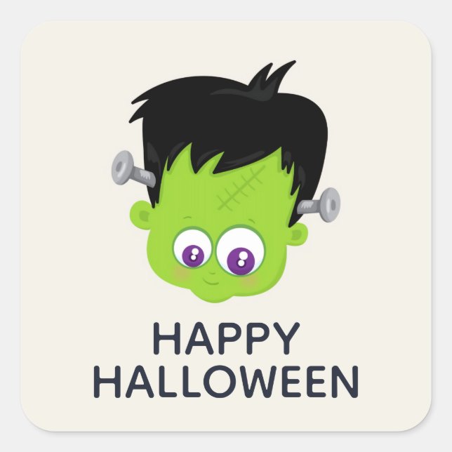 Cute Green Frankenstein Monster face Halloween Square Sticker (Front)