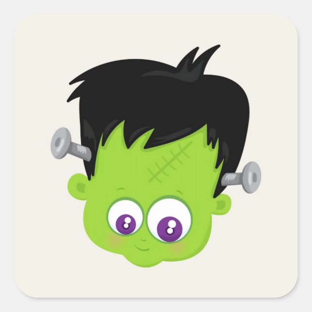 Cute Green Frankenstein Monster face Halloween Square Sticker (Front)