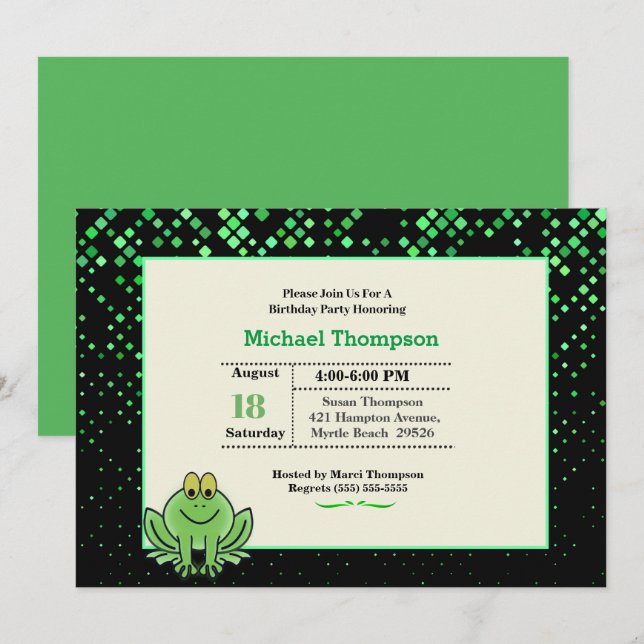 Cute Green Frog Anniversaire Fête Invitation (Devant / Derrière)