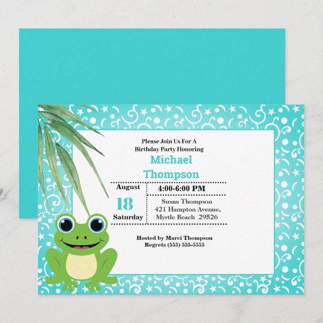 Cute Green Frog Anniversaire Fête Invitation (Devant / Derrière)