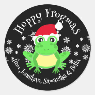 Cute Green Frog Christmas Santa Hat Cartoon Black Classic Round Sticker
