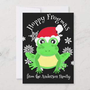 Cute Green Frog Christmas Santa Hat Cartoon Black Holiday Card