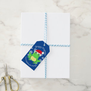 Cute Green Frog Christmas Santa Hat Cartoon Blue Gift Tags