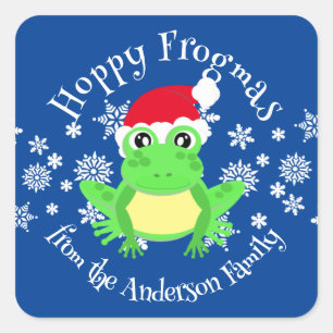 Cute Green Frog Christmas Santa Hat Cartoon Blue Square Sticker