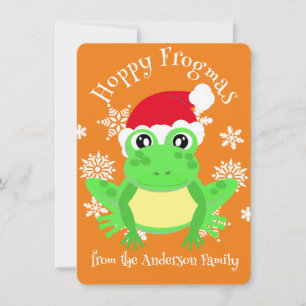 Cute Green Frog Christmas Santa Hat Cartoon Orange Holiday Card