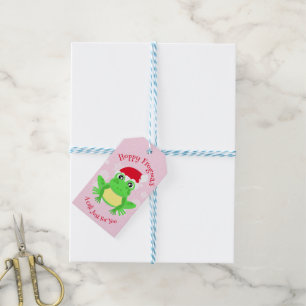 Cute Green Frog Christmas Santa Hat Cartoon Pink Gift Tags