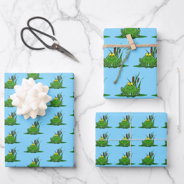 Cute Green Frog Design Wrapping Paper Sheet (Front)