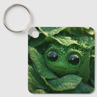 Cute Green Frog Hidden in Dewy Leaves – Whimsical Keychain