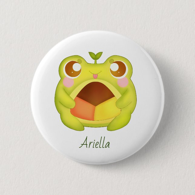 Cute Green Frog Holding Mexican Polvoron Cookie 2 Inch Round Button (Front)