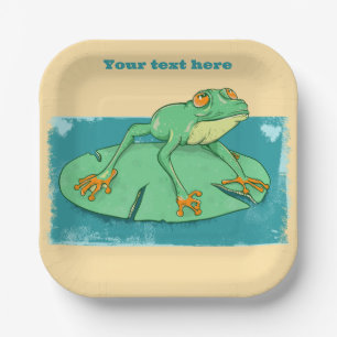 Cute green frog on a lily pad paper plate