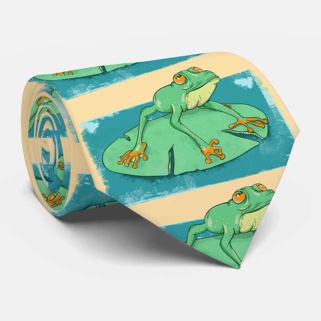 Cute green frog on a lily pad tie (Rolled)
