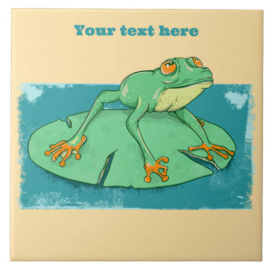 Cute green frog on a lily pad tile