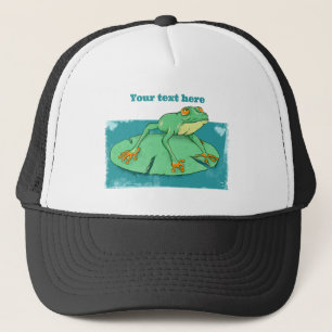 Cute green frog on a lily pad trucker hat