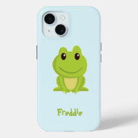 Cute green frog on blue