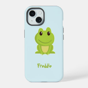Cute green frog on blue iPhone 15 case