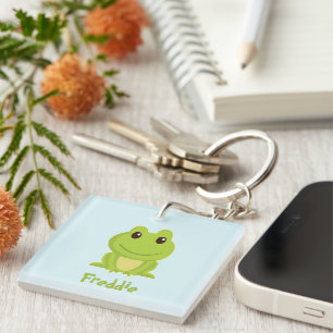 Cute green frog on blue  keychain